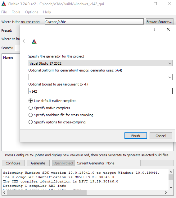 CMake GUI Visual Studio Toolset