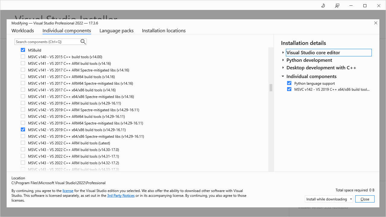 Visual Studio Installer Individual Components