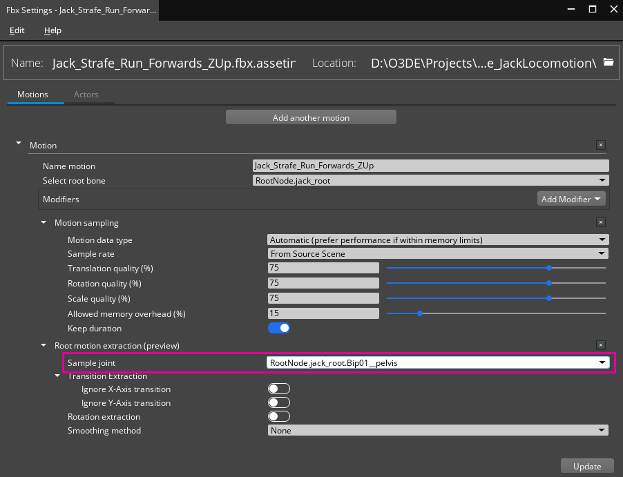 Selecting the bone for root motion extraction in Scene Settings.