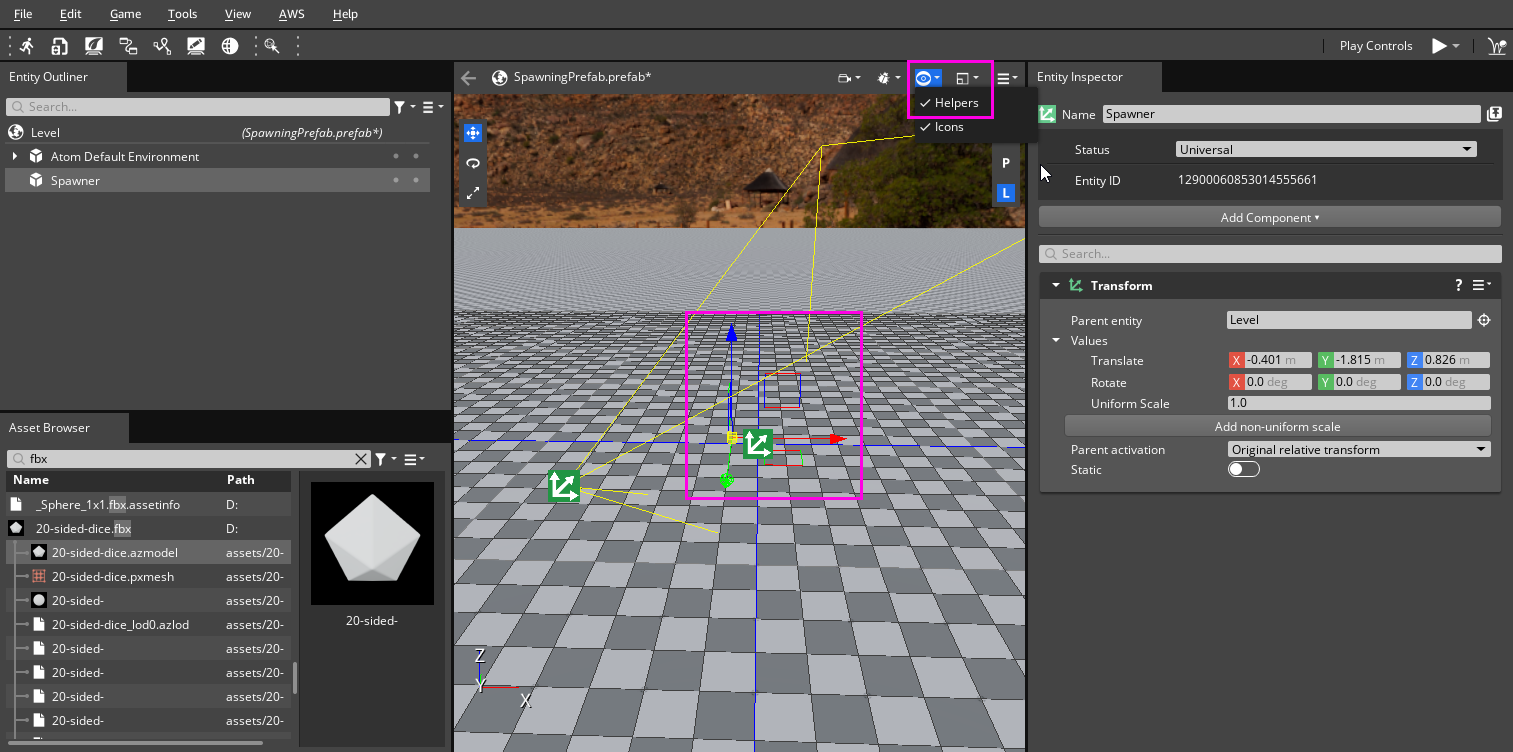 Placing an entity in the camera frustum.
