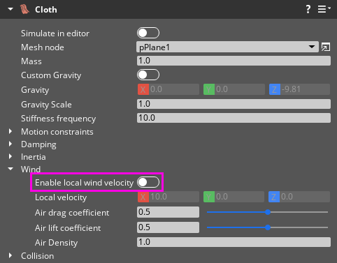Turning off local wind velocity in a Cloth component.