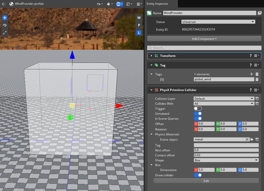 Setting up a PhysX Primitive collider for a force region