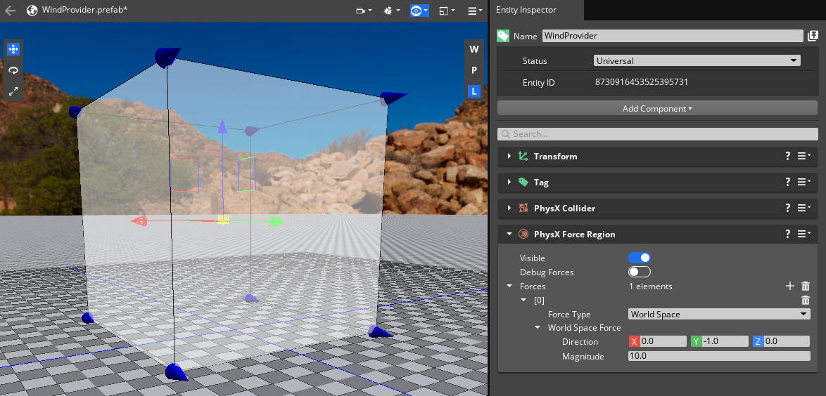 Setting up a PhysX Force Region component