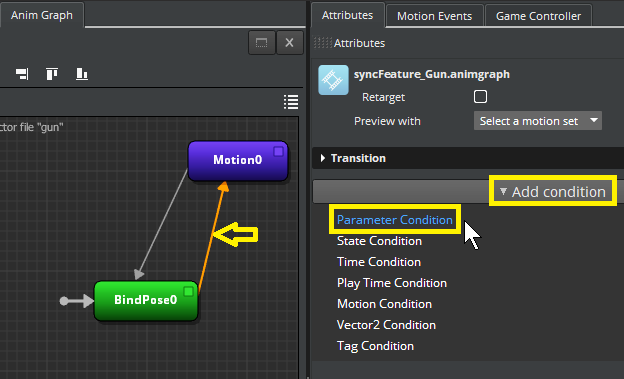 Select the transition line to add a parameter condition.