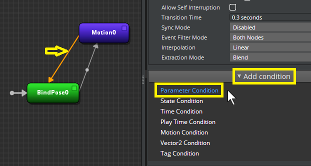 Select the opposite transition line to add another parameter condition.