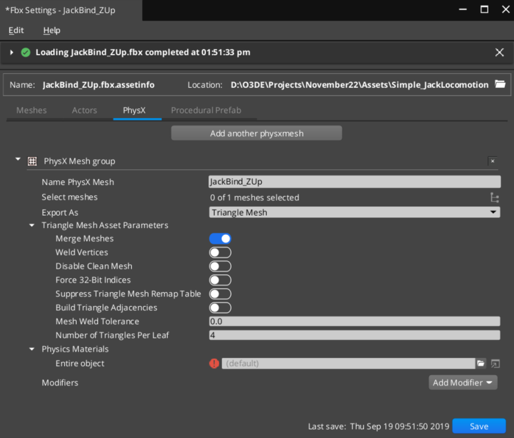 The Scene Settings PhysX tab properties.