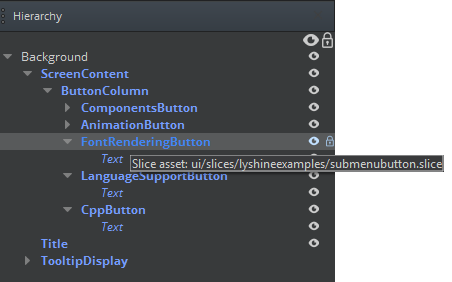 The UI Editor’s Hierarchy pane displays in blue any elements that are part of a slice.