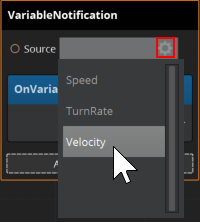 Set the Source field of an OnVariableValueChanged event node using the field’s gear button.