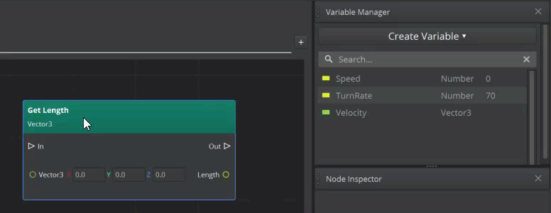 Create a variable reference by dragging a variable from Variable Manager onto a Script Canvas node’s data pin.